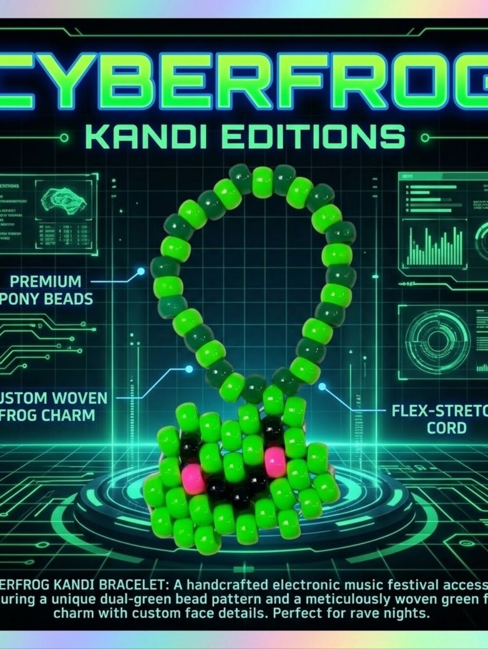 Cyber Frog Bracelet - Single Frog Charm - Kandi Bracelet - EDM Rave Festival Jew